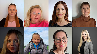 Eine Collage aus acht Fotos, die unterschiedliche Personen zeigen. Sie sind unterschiedlich gekleidet, schauen mal frontal und mal seitlich in die Kamera, die meisten lächeln. Eine Kachel oben rechts im Eck zeigt das Logo von compass private pflegeberatung GmbH.
