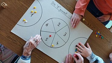 Alte und junge Hände über einem Blatt, auf dem ein Spiel aufgemalt ist.