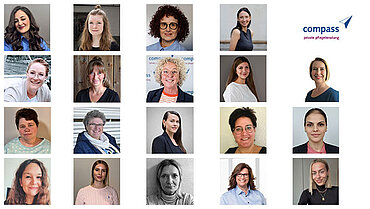 Collage aus 19 Quadraten, auf denen jeweils eine Frau zu sehen ist, die in die Kamera lächelt. Sie sind unterschiedlich gekleidet, schauen mal frontal und mal seitlich in die Kamera. Eine Kachel oben rechts im Eck zeigt das Logo von compass private pflegeberatung GmbH.