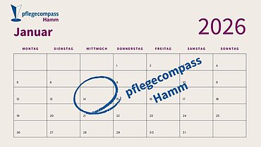 Ein Tischkalender, der den Januar 2026 zeigt und auf dem der 14. Januar 2026 eingekreist ist mit dem Hinweis pflegecompass Hamm. 