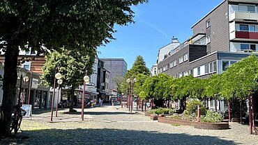 Eine Fußgängerzone mit Bepflanzung und Laternen inmitten einer Häuserreihe. 