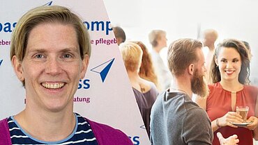 Zusammengesetzte Grafik aus zwei Bildern: Links Pflegeberaterin Mareike Völker vor einer Wand mit compass-Logos, rechts ein Stockfoto von Menschen, die sich unterhalten.