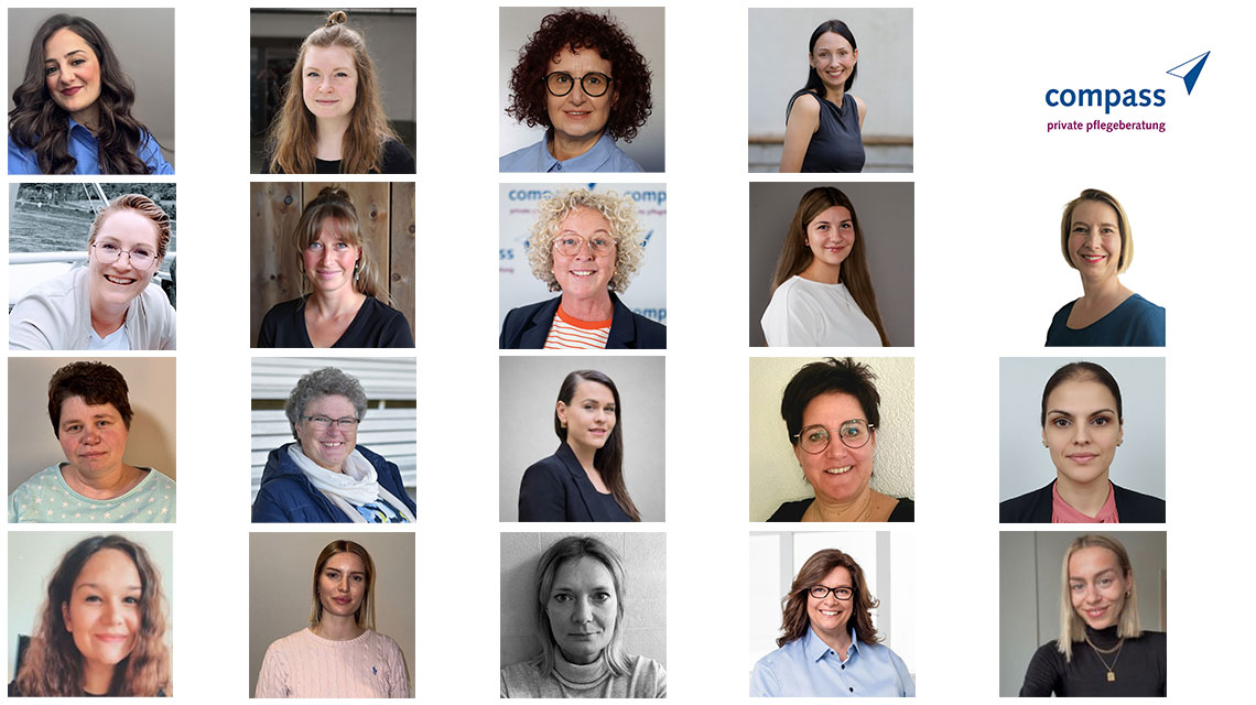 Collage aus 19 Quadraten, auf denen jeweils eine Frau zu sehen ist, die in die Kamera lächelt. Sie sind unterschiedlich gekleidet, schauen mal frontal und mal seitlich in die Kamera. Eine Kachel oben rechts im Eck zeigt das Logo von compass private pflegeberatung GmbH.