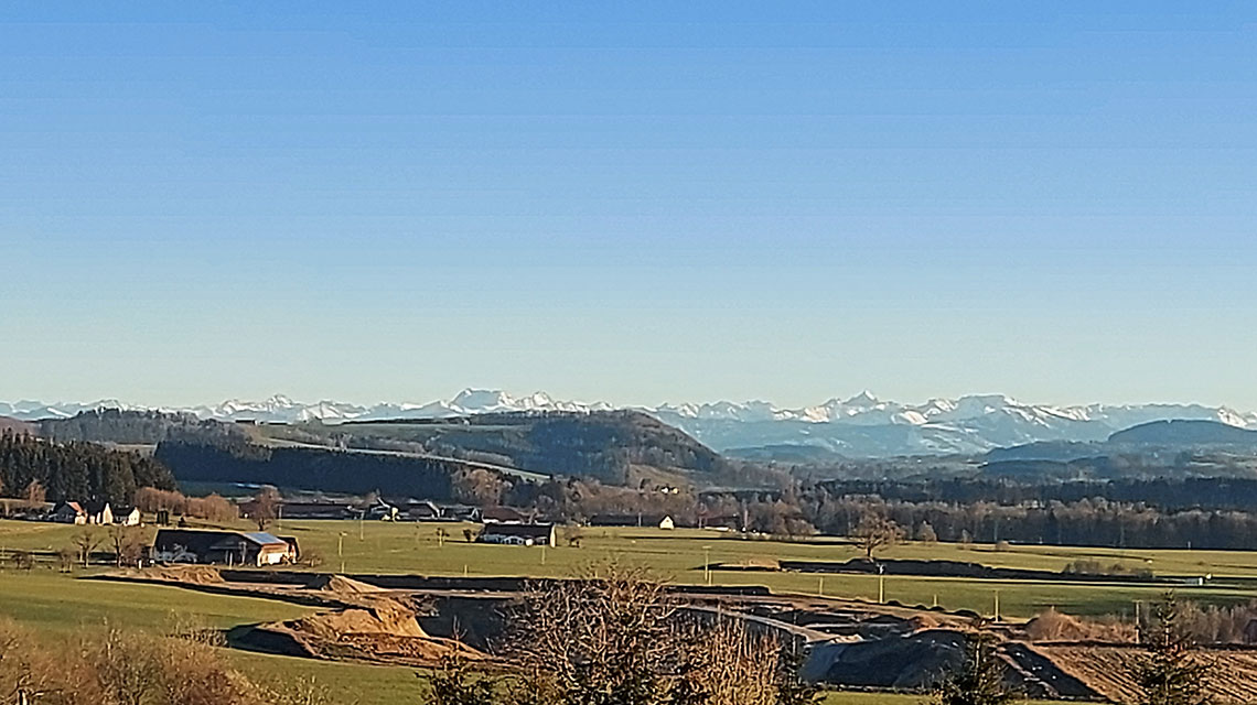 Eine Landschaft, auf der man vorne Wiese und im Hintergrund die Berge sieht. Die Region Unterallgäu/Memmingen.